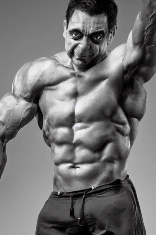 Prompt: Mr Bean is a jacked muscle builder gigachad, grayscale photography