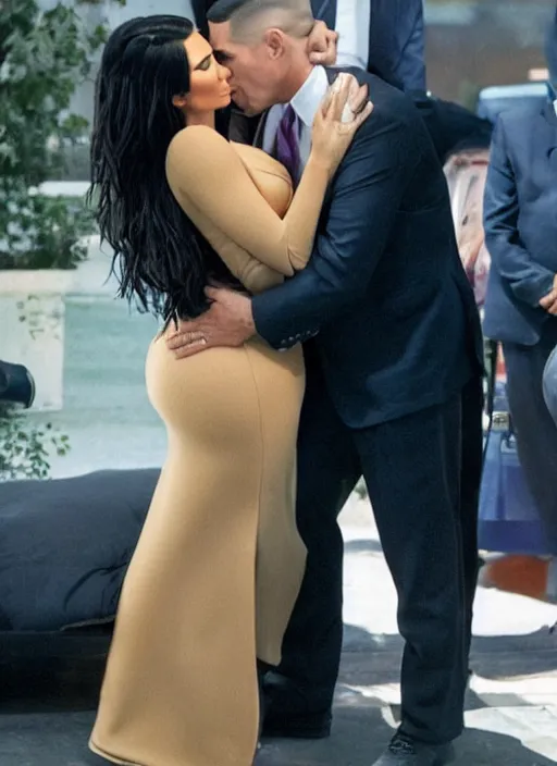 Image similar to film still of kim kardashian being kissed to sleep by joe biden, 8 k