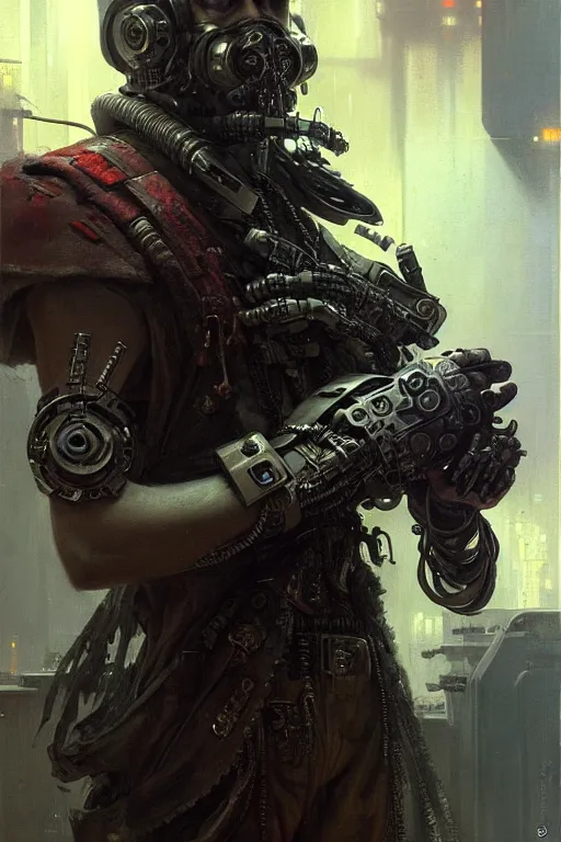 Image similar to a futuristic cyberpunk pirate with a cybernetic armed arm, upper body, highly detailed, intricate, sharp details, dystopian mood, sci-fi character portrait by gaston bussiere, craig mullins