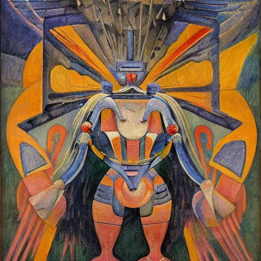 Image similar to masterpiece painting of a robot shaman, by annie swynnerton and jean delville and edward hopper and diego rivera and evelyn de morgan and rufino tamayo, facemask made of flowers, art brut, outsider art, symbolist, dramatic lighting, god rays, elaborate geometric ornament, clean crisp graphics, smooth sharp focus, extremely detailed, adolf wolfli