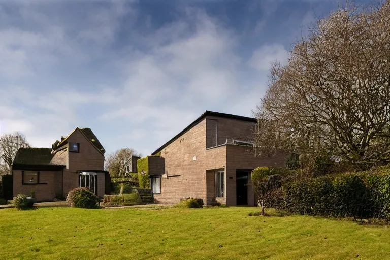 Prompt: cyberpunk, an estate agent listing photo, external view of a 5 bedroom detached countryside house in the UK, it's a sunny day, by Paul Lehr