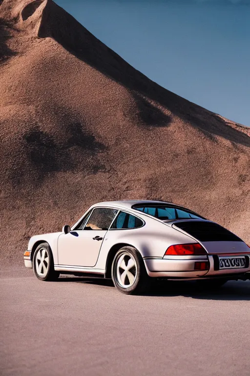 Image similar to Photo of a Porsche 911 Carrera 3.2 parked in front of a Prada Store in the desert, daylight, award winning, high resolution, cinestill 800t.