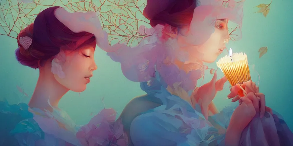 Image similar to highly detailed pastel colors of an ethereal moroccan beauty blowing a birthday candle, morphing into autumn leaves, by artgerm and hsiao - ron cheng, smooth composition, fine patterns and detail