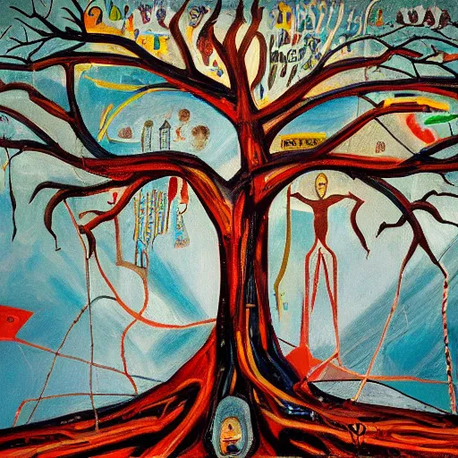 Prompt: foundation of conscience, tree of life, by emad and basquiat and macgyver, highly detailed, oil on canvas, featured on artstation