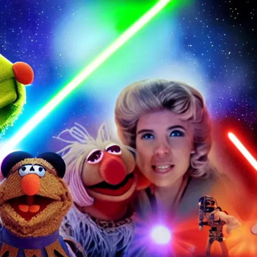 Image similar to muppets in a star wars movie scene, laser , explosions, movie stage setup, 8k