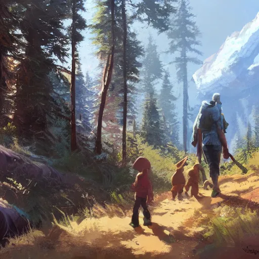 Image similar to Hiking in the pines. by Craig mullins, Steve Purcell, Ralph McQuarrie. Trending on artstation. Centered image, no background