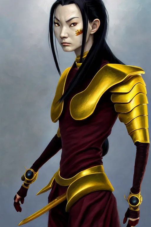 Prompt: a photorealistic painting of Azula from avatar the last Airbender partially clothed in metal-plated battle armor, beautiful bone structure, symmetrical face, perfect yellow eyes, intricate, elegant, digital painting, concept art, illustration, sharp focus, minimal artifacts, from Metal Gear, in the style of Ruan Jia and Mandy Jurgens, by Greg Rutkowski, trending on Artstation, award winning