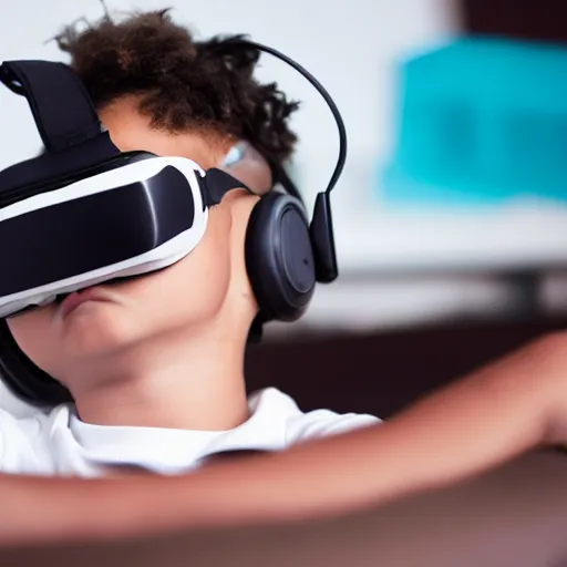 Image similar to a full-shot stock photo of a boy laying in bed with a bunch of stuff wearing a VR-headset, featured on flickr, cluttered