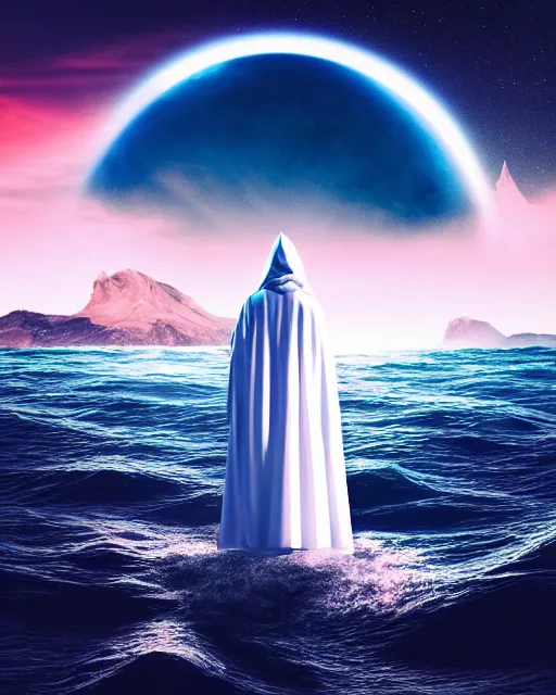 Image similar to a person wearing a white cloak standing in the water. a large planet is overhead. an album cover by stanley twardowicz, trending on cg society, retrofuturism, retrowave, chillwave, synthwave