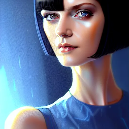 Prompt: woman with dark bobcut haircut with friendly blue eyes and slim features looking askance, cyberpunk bionics, retro - futurist style, intricate, elegant gleaming jewelry, angelic halo, highly detailed, digital painting, artstation, concept art, smooth, sharp focus, illustration, art by wlop, mars ravelo and greg rutkowski