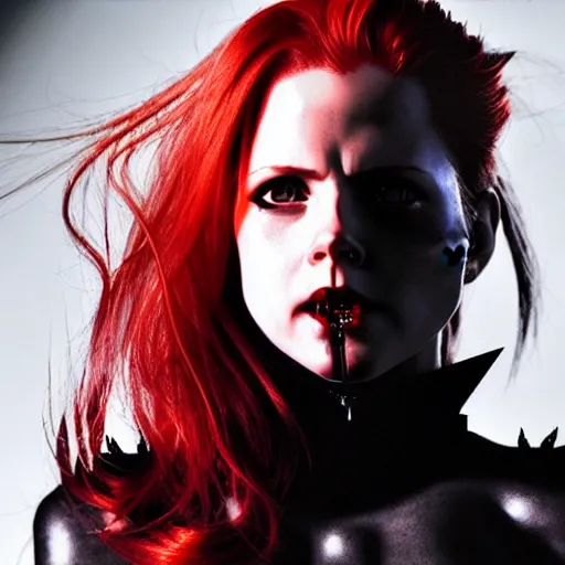 Image similar to style of yoji shinkawa : : gorgeous vampire amy adams : : sharp teeth fangs, open mouth sneer : : symmetrical face, symmetrical eyes : : gorgeous red hair : : magic lighting, low spacial lighting : :