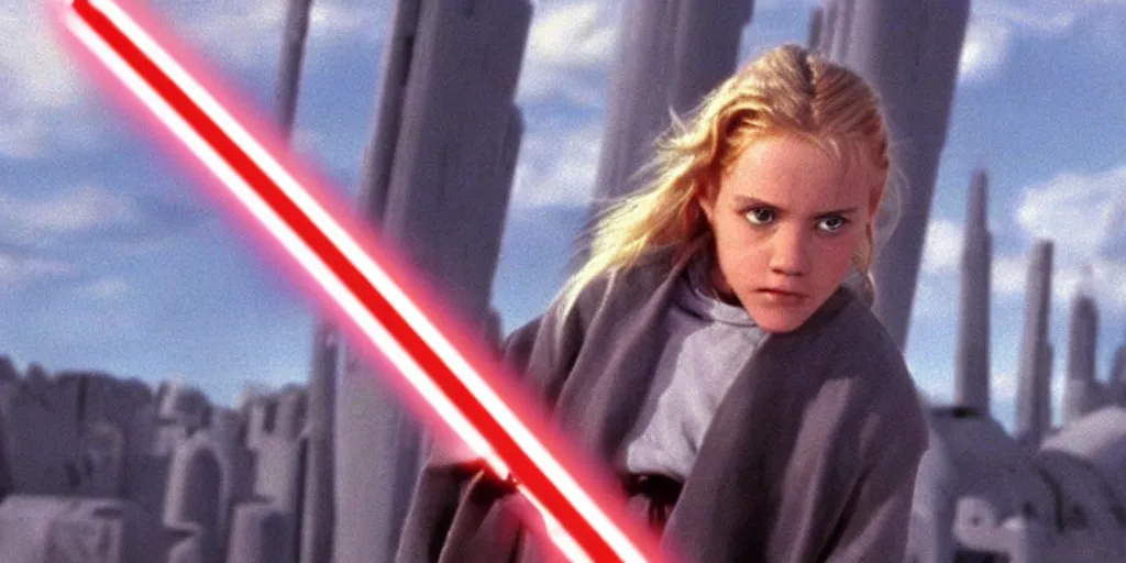 Prompt: A full color still of a teenage blonde Jedi padawan holding a lightsaber hilt, looking scared, sci-fi city in the background, windy, from The Phantom Menace, directed by Steven Spielberg, 35mm!!! 1990