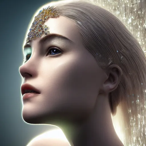 Image similar to beautiful face, crystal, platinum, gold, biomechanoid with incredible iridescent pearlescent voluminous fiberoptic hair, crystalline masterpiece implants, hyperdetailed face, elegant pose, movie still, intricate, octane render, cinematic forest lighting, unreal engine, crepuscular rays, god rays.