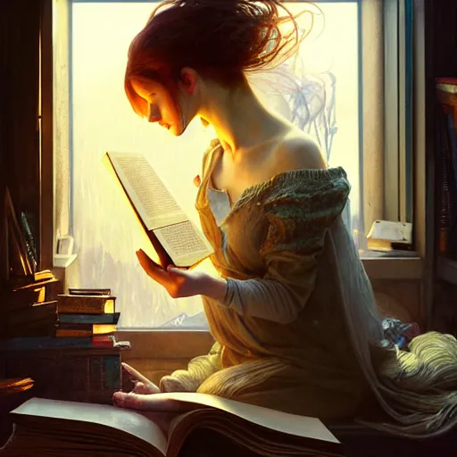Image similar to Portrait of a girl in cluttered windowed study, reading a book while light streams in through the skylight, her pet fox sleeping beside her, fantasy, intricate, elegant, highly detailed, digital painting, artstation, concept art, smooth, sharp focus, illustration, art by Krenz Cushart and Artem Demura and alphonse mucha