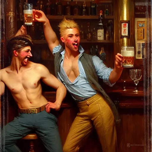 Image similar to attractive maculine male with brunet hair and attractive masculine male with blond hair. pants and shorts, drinking their hearts out, having fun, in a pub. highly detailed and very defined painting by gaston bussiere, j. c. leyendecker, craig mullins 8 k