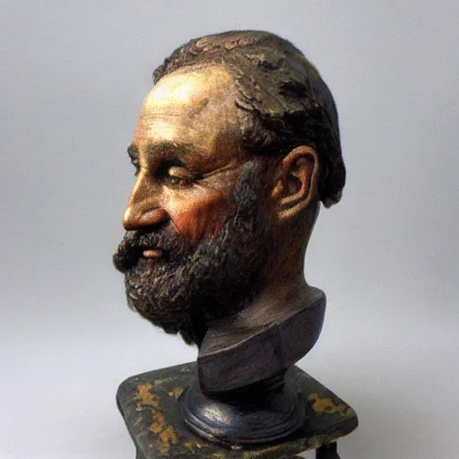Image similar to hyper realistic closeup bust of a new england fisherman, painted, colorized, bossons vintage chalkware, by emile renouf