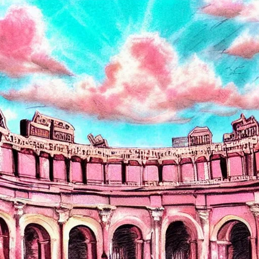 Prompt: heaven pink, lots of roman arches, bright punk, punk rock, people with mohawks, sun, joy, clouds, sky, volumetric light, detailed, romanticism, pastel drawing, big size