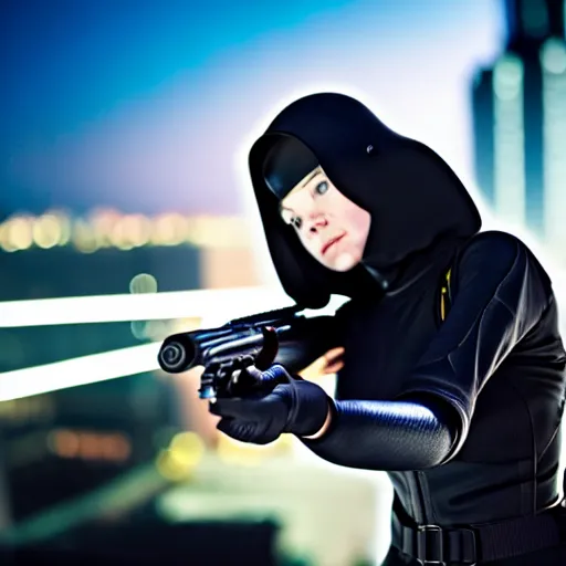 Image similar to photographic portrait of a techwear woman holding a shotgun, holding shotgun down, closeup, on the rooftop of a futuristic city at night, sigma 85mm f/1.4, 4k, depth of field, high resolution, full color, award winning photography, inspired by Kill Bill, inspired by John Wick, inspired by Die Hard, movies with guns, movie firearms