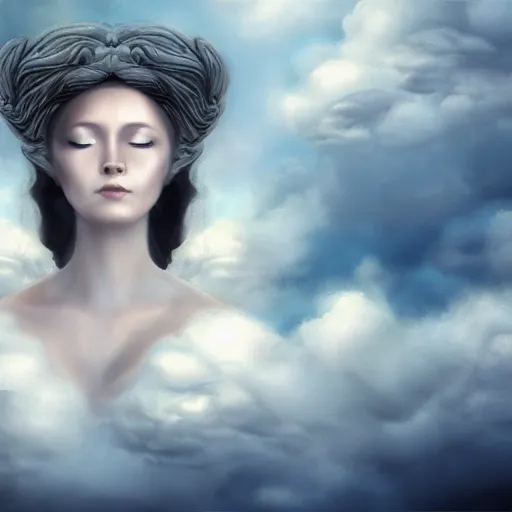 Image similar to goddess wearing a cloud fashion is looking on us from above, photoshop, colossal, creative, albino skin, giant, digital art, photo manipulation, clouds, covered in clouds, girl clouds, on clouds, covered by clouds, airplane in the sky, white hair, digital painting, artstation