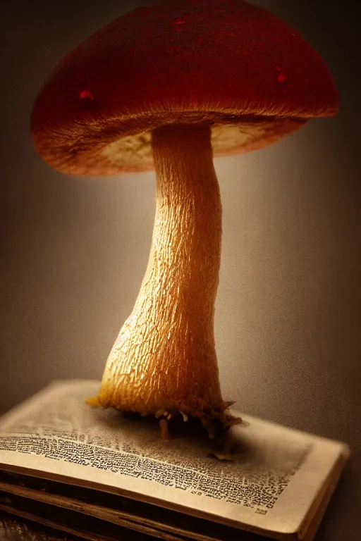 Prompt: a magic mushroom growing from an old dusty book, dramatic lighting, cinematic, establishing shot, extremely high detail, foto realistic, cinematic lighting, post processed, concept art, high details, cinematic, 8k resolution, beautiful detailed, photorealistic, digital painting, artstation, concept art, smooth, sharp focus, artstation trending, octane render, unreal engine