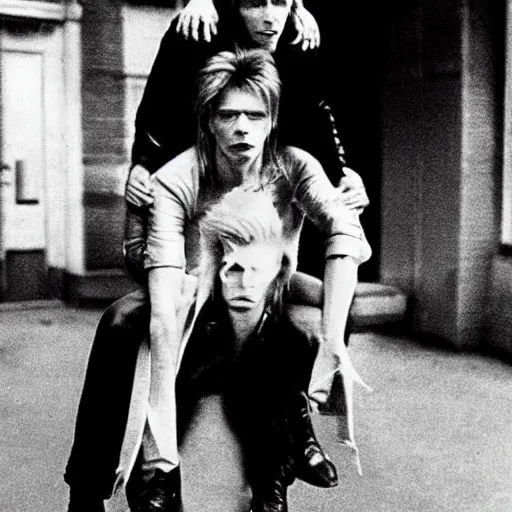 Image similar to david bowie from changes giving a piggy back ride to ziggy stardust. as a photograph with new york in the background