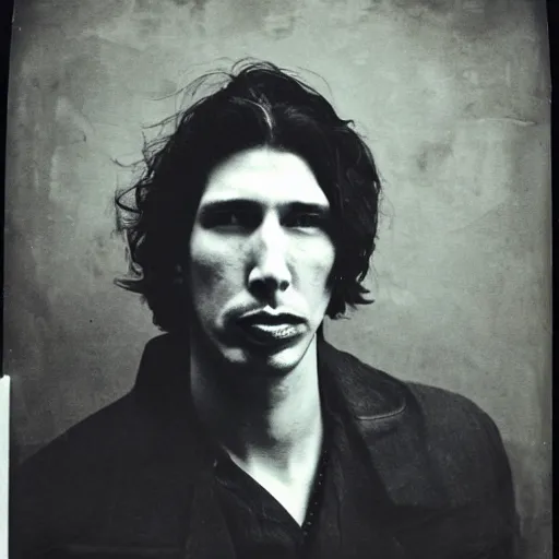 Prompt: old photo of adam driver eating pizza, daguerrotype, tintype, dirty. faded. old photograph, scratches