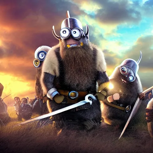 Image similar to The minions in The Vikings Digital art very detailed 4K quality Super Realistic