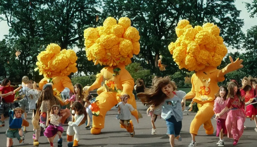 Prompt: 1990s candid photo of a beautiful day at the park, cinematic lighting, cinematic look, golden hour, large personified costumed flower people in the background, Enormous flower people mascots with friendly faces chasing kids, kids talking to flower people that are kinda scary and ruining the day, UHD