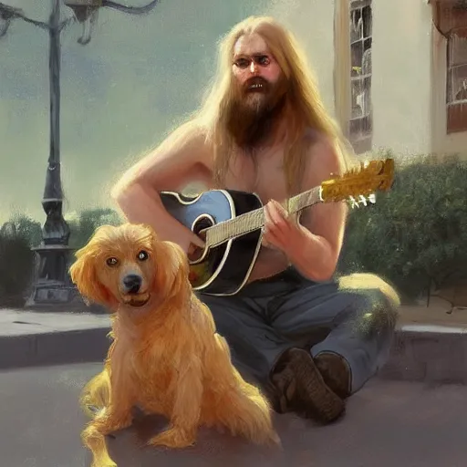 Image similar to oil painting of a young man with long hair blond and a beard hippie style with his golden retrever dog playing guitar in the square for money, people watching around, by greg rutkowski, artstation