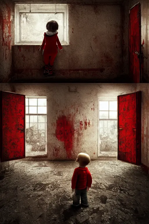 Image similar to room with 3 red windows, child with teeth all over his body except in the mouth, dystopian environment, by michal karcz in the style of chucky | freddy krueger style