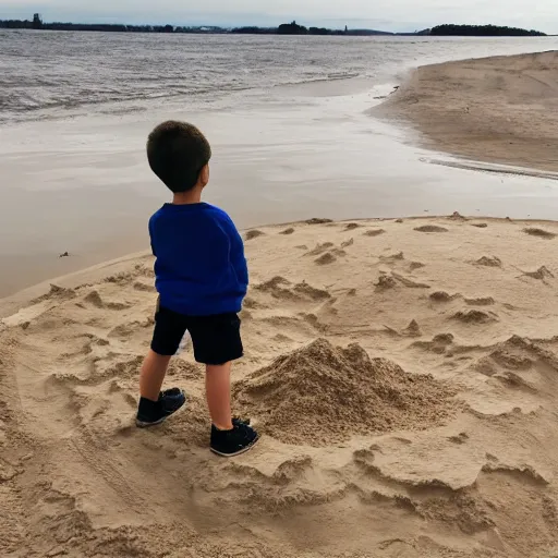 Prompt: kid standing on top of a huge sandcastle