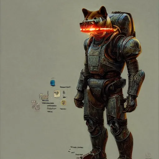 Prompt: t - 5 1 power armor, realistic anthropomorphic shiba inu, fantasy, t - 5 1 power armor glowing electric aura, by donato giancola and greg rutkowski and wayne barlow and zdzisław beksinski, realistic face, visible face, digital art, artstation, symmetry