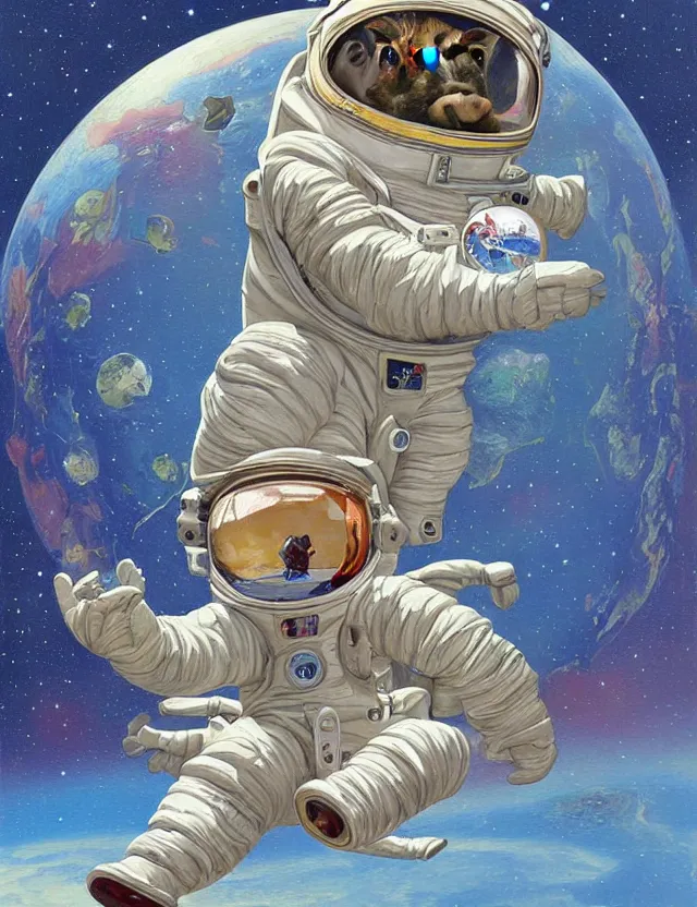 Prompt: beautiful detailed and adorable painting of a capybara astronaut in a spacesuit floating above earth by casey weldon by mark ryden by thomas blackshear, super cute, new contemporary, pop surrealism, oil painting