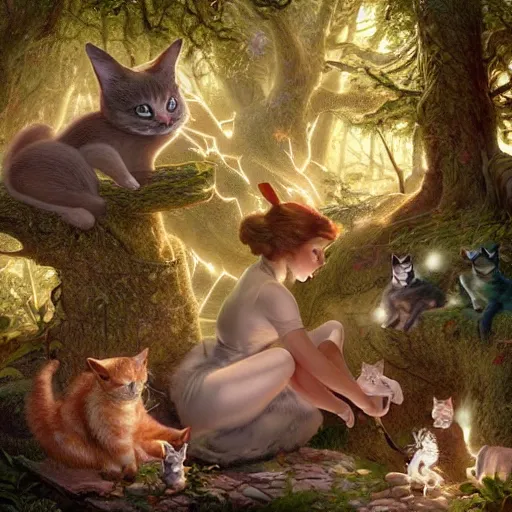 Image similar to a fairytale forest full of cats, light and shadow, by Gil Elvgren and artgerm, WLOP, Felix Kelly and Greg Rutkowski and Gerardo Dottori, high detail, precision detail