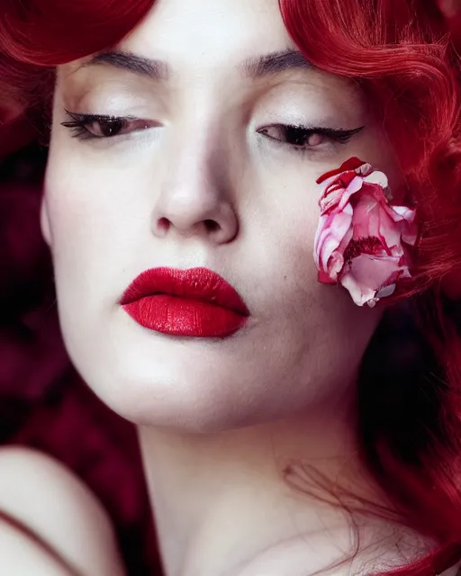 Image similar to Portrait of a woman, close-up, high sharpness, zeiss lens, fashion photo shoot, peony flowers, red hair, red lipstick, in the background of gold, they have rhinestones on their face, Edward Buba, Annie Leibovitz and Steve McCurry, David Lazar, Jimmy Nelsson, Eiko Hosoe, artistic, hyper-realistic, beautiful face, octane rendering