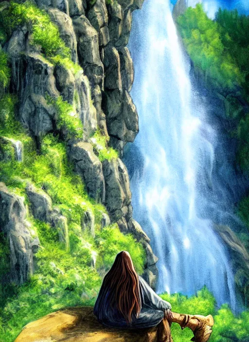 Image similar to wizard sitting next to waterfall in the mountains, trending on deviantart, lord of the rings, detailed