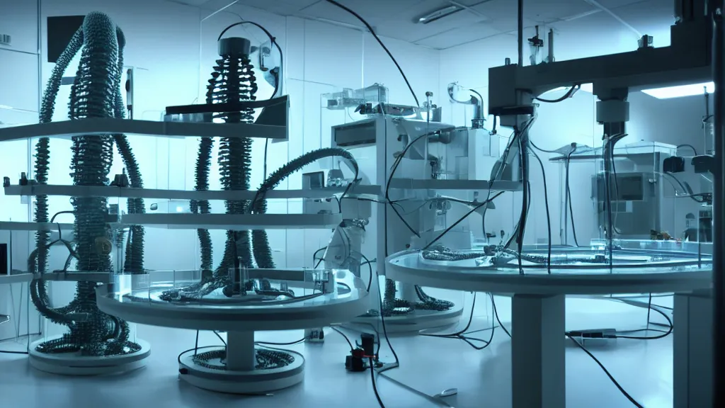 Prompt: a octoidal mri 3 d printer machine and control panels in the laboratory inspection room making organic forms, film still from the movie directed by denis villeneuve with art direction by salvador dali, wide lens