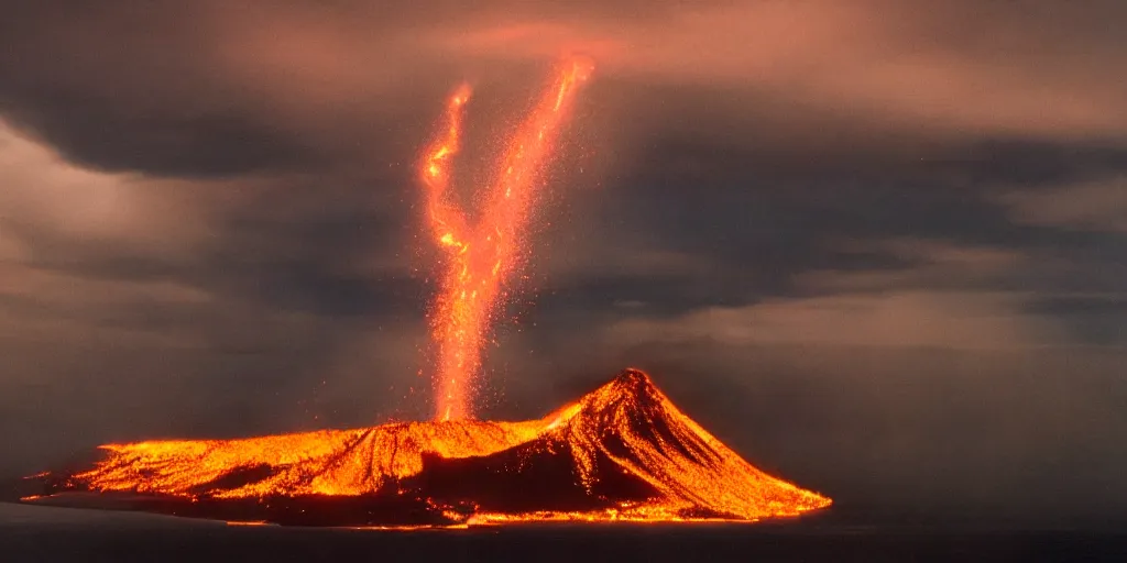 Image similar to A volcano island erupting in the distance, clouds and lighting forming above