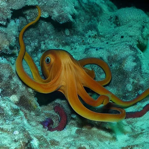 Prompt: newly discovered deep sea octopus, translucent, documentary images, dark