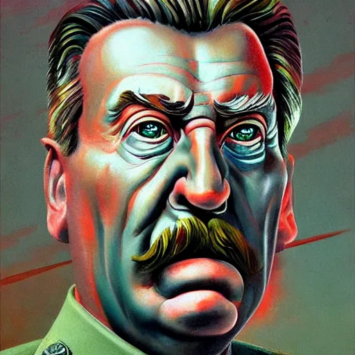 Image similar to Portrait of Stalin face half devil, highly detailed, very coherent, painted by Francis Bacon and Edward Hopper, Wayne Barlowe, painted by James Gilleard, surrealism, airbrush, art by JamesJean