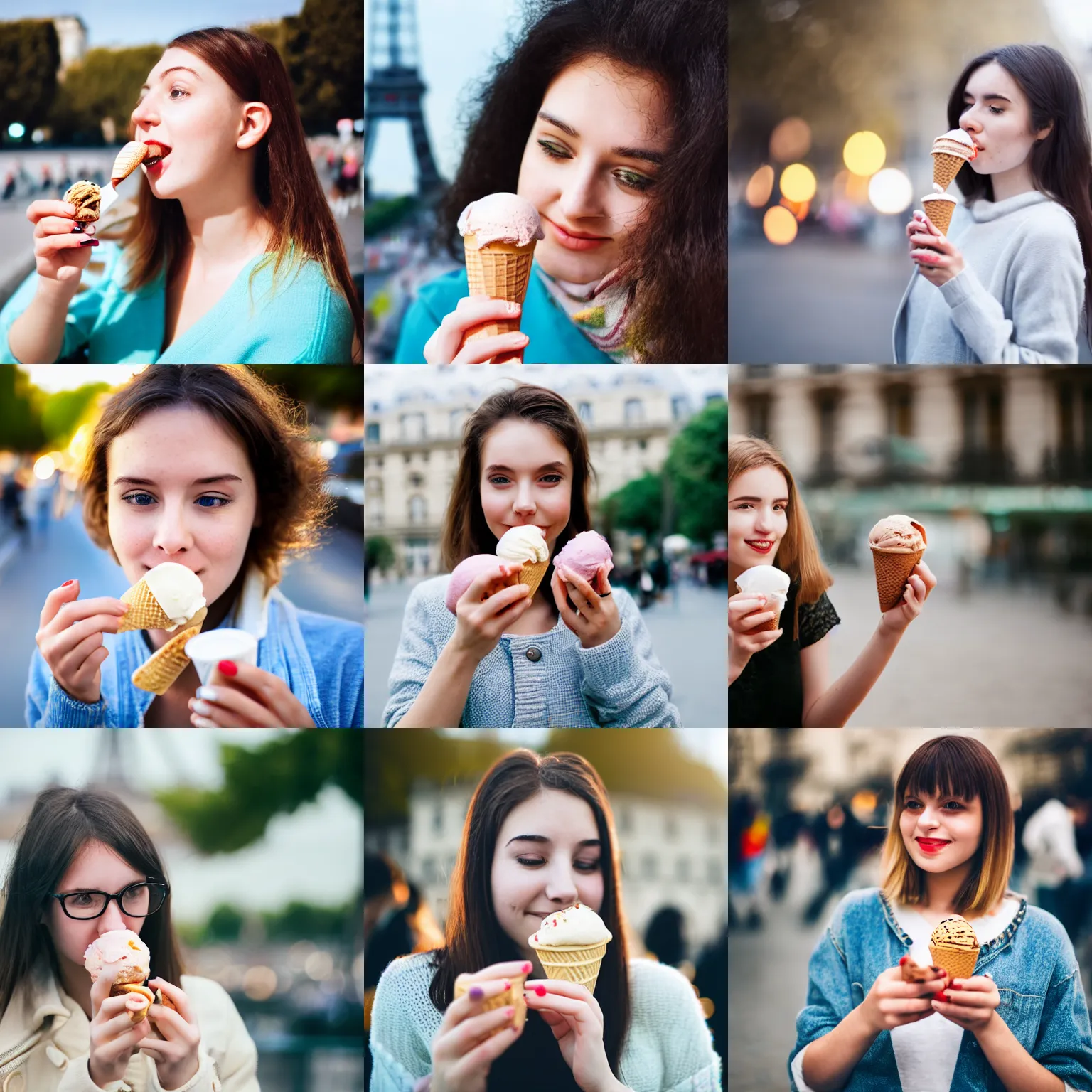 Prompt: Cute 20 year old woman eating ice cream in Paris, bokeh, photography