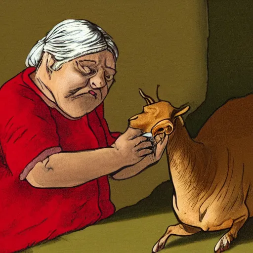 Image similar to an illustration of an old woman literally swallowing a whole goat
