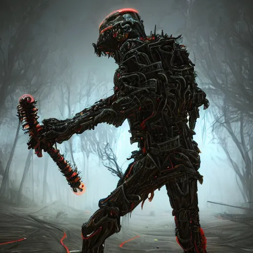 Image similar to Hunter in combat wooden giant walker exoskeleton with chrome details walks between the mystical foggy roots. by Dan Mumford and Tsutomu Nihei make game in Unreal Engine photorealism colorful finalRender iridescent fantasy concept art 8k resolution concept art ink drawing volumetric lighting bioluminescence, plasma, neon, brimming with energy, electricity, power, Colorful Sci-Fi Steampunk Biological Living, cel-shaded, depth, particles, lots of reflective surfaces, subsurface scattering