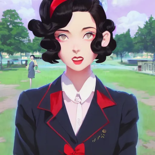 Image similar to portrait of a beautiful girl with dark hair dressed in 1940's fashion, park background, rich vivid colors, ambient lighting, dynamic lighting, 4k, official media, anime key visual, makoto shinkai, ilya kuvshinov, lois van baarle, rossdraws, detailed, trending on artstation