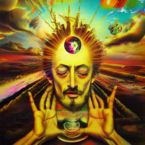 Image similar to psychedelic ; trippy ; acid trip ; artgerm ; salvadore dali ; surreal ; abstract ; lsd ; jesus christ breaking bread