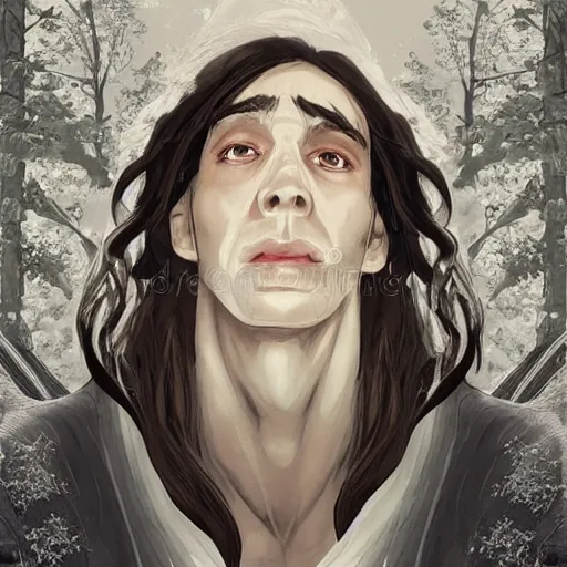 Prompt: boy with snow white shoulder-length hair, wearing a white flowing robe. beautiful hyperdetailed eyes, concept art, illustration