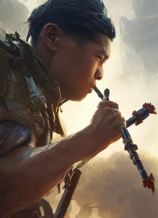 Image similar to side profile of a filipino fighter holding a scepter next to a tank, fantasy, digital painting, volumetric light, intricate, sharp, focus, bloom, illustration, highly detailed, concept art, matte, ruan jia and greg rutkowski, masterpiece