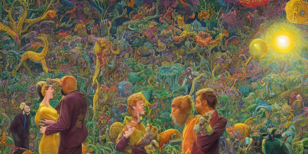 Prompt: a sobbing man and a happy women, furry creatures, highly detailed, cinematic, infographic for imaginary animals, golden hour, backlit by an alien planet, sharp focus, psychedelic LSD manga, abstract oil painting by Raqib Shaw and joseph albers, MC Escher illustration, 8k,by Stanley Artgermm,Tom Bagshaw,Greg Rutkowski,Carne Griffiths, Ayami Kojima, Beksinski, Giger,trending on DeviantArt,hyper detailed,horror, full of colour, golden hour