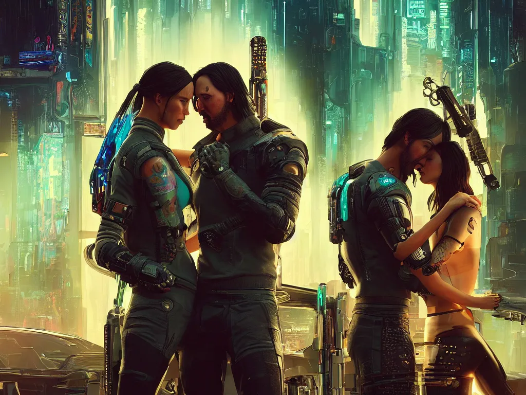 Image similar to a cyberpunk 2077 srcreenshot couple portrait of a Keanu Reeves and a female android final kiss,love,film lighting,by Laurie Greasley,Lawrence Alma-Tadema,Dan Mumford,John Wick,Speed,Replicas,artstation,deviantart,FAN ART,full of color,Digital painting,face enhance,highly detailed,8K,octane,golden ratio,cinematic lighting