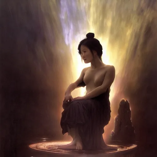 Prompt: awe-inspiring award-winning concept art painting of attractive Ashley Liao in black shrouds as the goddess of the moonbow, rainbow, by Michael Whelan, William Adolphe Bouguereau, John Williams Waterhouse, and Donato Giancola, cyberpunk, extremely moody lighting, glowing light and shadow, atmospheric, shadowy, cinematic, 8K,